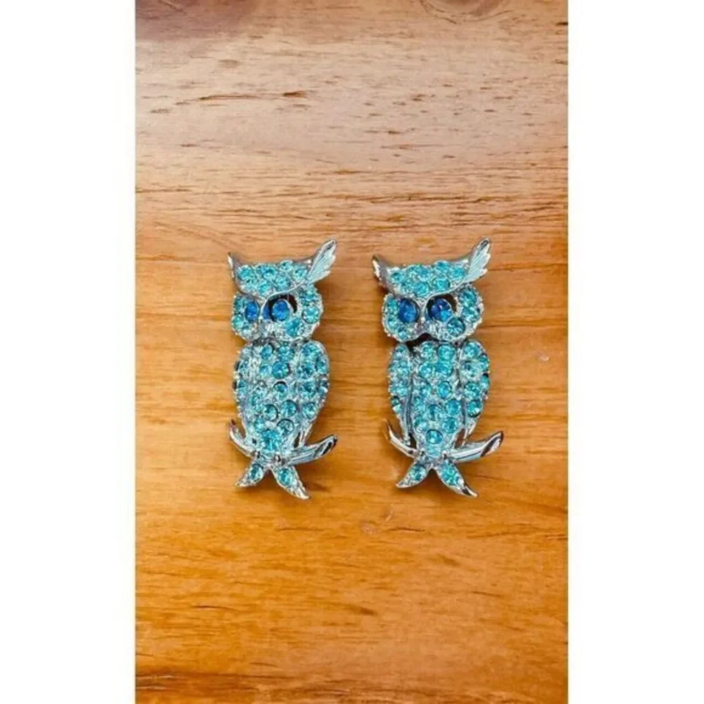 Vintage Silver-tone Baby Blue Rhinestone Owl Pin Brooch Blue Eyes Set‎ Of Two